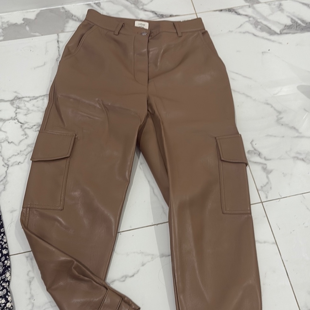 Brown Faux Leather Cargo Pants